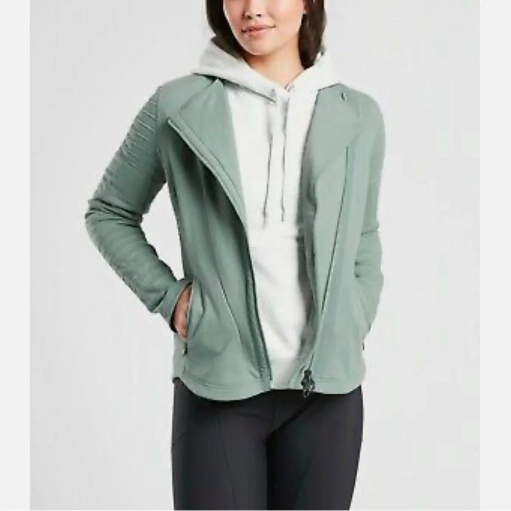 Athleta Moto Jacket Sweatshirt Knit Fleece Lined Zipper Pockets Minimalist Green